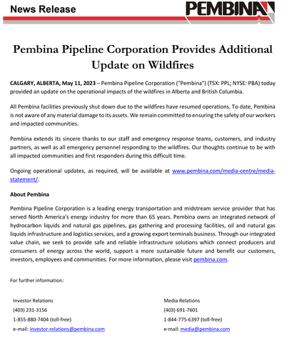 Pembina Pipeline Corporation Provides Additional Update on Wildfires