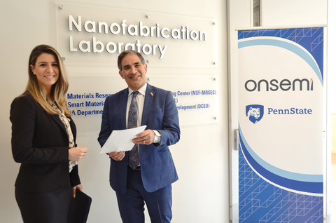 Catherine Côté, Vice President and Chief of Staff to the CEO, onsemi and Justin Schwartz, Executive Vice President and Provost, Penn State pose for a picture after the signing of an MOU between the company and the university towards an $8 million strategic collaboration which includes the establishment of the onsemi Silicon Carbide Crystal Center (SiC3) at Penn State. (Photo: Business Wire)