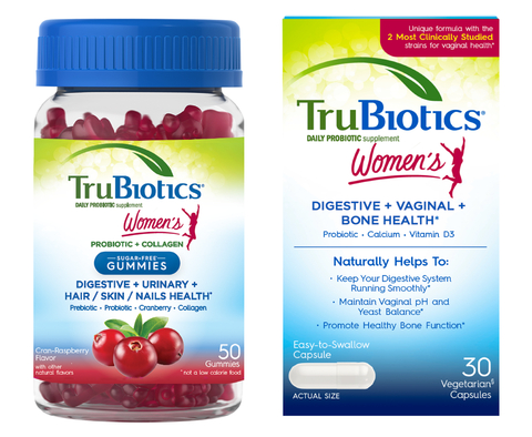 PanTheryx, an integrative digestive and immune health company, launches two new TruBiotics® probiotics, specifically for women—TruBiotics Women's Capsules for Digestive/Vaginal/Bone Health and TruBiotics Women's Sugar-Free Gummies with Collagen for Digestive/Urinary/Hair, Skin & Nails Health. (Graphic: Business Wire)