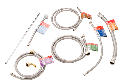 thumbnail Made of high-quality, braided stainless steel and vinyl, Oatey supply lines are available for multiple applications including dishwashers, water heaters, ice makers, faucets, and washing machines. (Photo: Oatey)