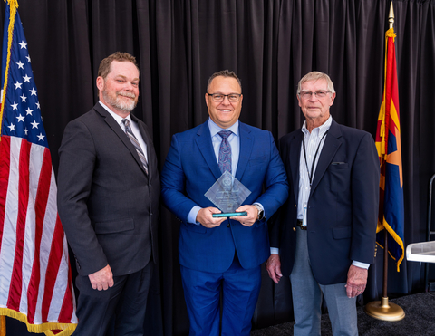 Representatives from Cintas Fire Protection's Phoenix-area Location D52 was recently honored by the Industrial Commission of Arizona (ICA) with its prestigious Exemplary Award for its dedication and excellence supporting OSHA's Voluntary Protection Program (VPP) and its ongoing commitment to increasing workplace safety in the community. Left to Right: Shawn Horton (Service Manager, Cintas Fire Protection), Jason Jacobs (General Manager, Cintas Fire Protection Location D52), D. Alan Everett (Commissioner, Industrial Commission of Arizona). (Photo: Business Wire)