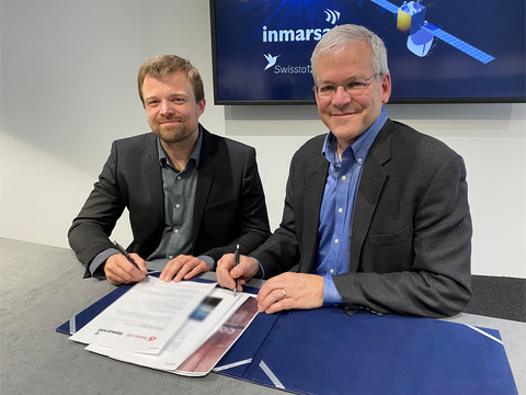 Emile de Rijk, CEO (L) of SWISSto12 and Peter Hadinger, CTO (R) of Inmarsat signing the l-8 satellite contract. Image credit: Inmarsat