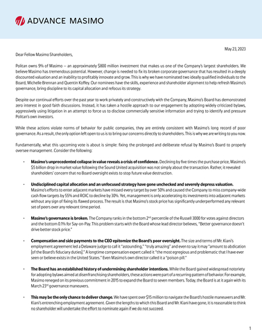 Politan Capital Management Letter to Masimo Shareholders