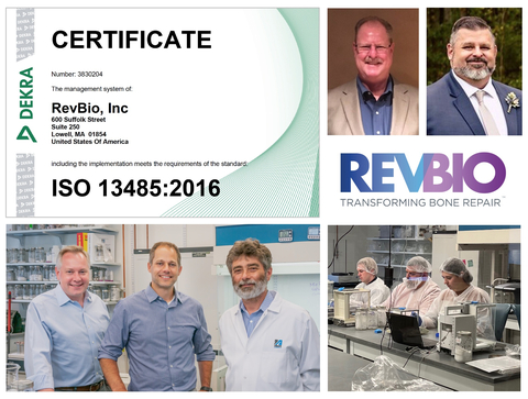 ISO 13485 is designed to be used by organizations involved in the design and production of medical devices and related services. Pictured above, Top (left): ISO 13485 certificate awarded to RevBio; Top (right): Gary Bunnewith, Director of Quality Management and Dave Kosh, Advanced Manufacturing Manager; Bottom (left): D. Grayson Allen (CFO/COO), Brian Hess (CEO), and George Kay (CSO); Bottom (right): RevBio Team working in lab. (Photo: Business Wire)