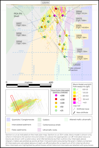 thumbnail Figure 3. Cross section showing new drillholes 123019, 123025 and highlighted intercepts from the section (Graphic: Business Wire)