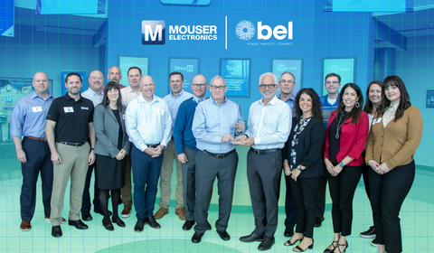 Representatives from Bel present the Mouser team with the 2022 Distributor of the Year Award. (Photo: Business Wire)