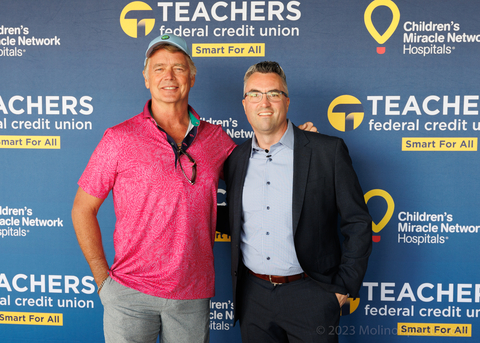 John Schneider, co-founder of Children’s Miracle Network Hospitals® and Brad Calhoun, president and CEO of Teachers Federal Credit Union at the inaugural Teachers Federal Credit Union Golf Tournament held on May 18 benefiting Children’s Miracle Network Hospitals®. (Photo: Business Wire)