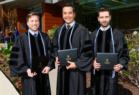 Drs. Dane Thompson (left), Carlos Bravo-Iniguez (center) and Stefanos Zafeiropoulos (right) received their PhD degrees. (Photo: Business Wire)