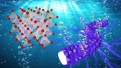 Oxygen bubbles evolving from fibrous, interconnected catalyst particles (right) during electrocatalytic reaction with water. Lattice structure for cobalt-based catalyst on left. (Image by Argonne National Laboratory/Lina Chong and Longsheng Wu using a Shutterstock background.)