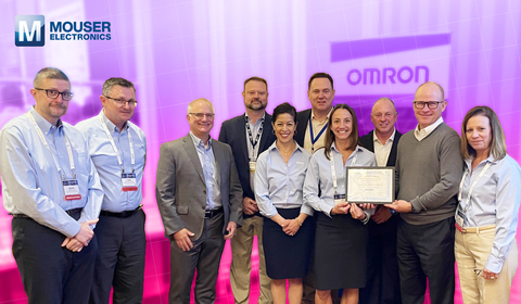 Representatives from Omron present the Mouser team with the 2022 Distributor of the Year Award. (Photo: Business Wire)