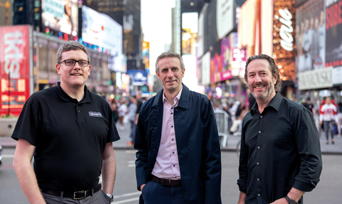Granite Digital are expanding to the US with majority stake in New York creative agency LCM247’s Digital Division. Pictured at the announcement in Times Square, New York, are (L-R): Robert Carpenter, Chief Commercial Officer of Granite Digital; Conor Buckley, CEO of Granite Digital; and Patrick Heaphy, Founder and President of LCM247. The acquisition is expected to boost Granite Digital's revenues beyond €13 million this year and will provide Granite with a strategic foothold in the US. (Photo: Business Wire)
