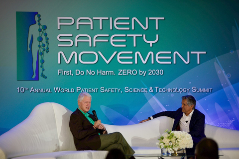 Joe Kiani, founder of the Patient Safety Movement Foundation, discusses efforts to improve patient safety worldwide with former President Bill Clinton at the 10th Annual World Patient Safety, Science & Technology Summit in Newport Beach, California. (Photo: Business Wire)
