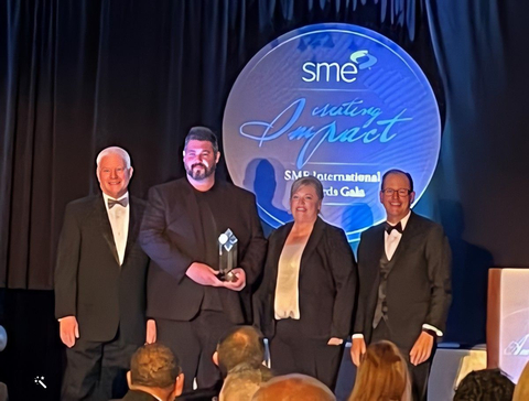 original Intek Plastics received SME's Excellence in Manufacturing Training Award at SME's Spring Gala Awards June 5, 2023 in Rochester, Michigan. Celebrating the moment, from left, are: James Schlusemann, 2023 SME Board of Directors president; Nathan Becker, training and development specialist, Intek Plastics; Jill Hesselroth, CEO of Intek Plastics; and Robert "Bob" Willig, executive director and CEO of SME. (Photo: Business Wire)