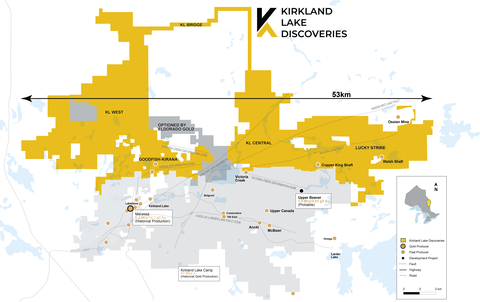 Figure 1. KLDC's newly consolidated land package with producing, past-producing and gold mines in development in the Kirkland Lake District (Graphic: Business Wire)