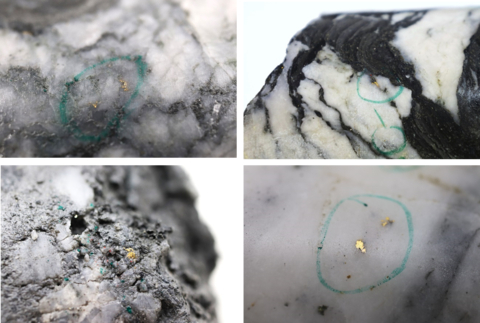 original Figure 1: Photos of mineralization: Left: at ~102.5m from NFGC-23-1201, Right: at ~144m from NFGC-23-1208, Bottom Left: at ~129m from NFGC-23-1247 and Bottom Right: at ~240m from NFGC-23-1261A. ^Note that these photos are not intended to be representative of gold mineralization in NFGC-23-1201, NFGC-23-1208, NFGC-23-1247 and NFGC-23-1261A. (Photo: Business Wire)