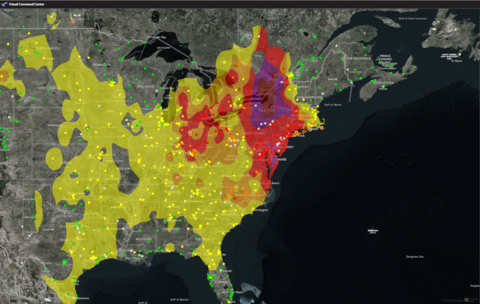 Snapshot of Everbridge Visual Command Center (VCC) displaying unhealthy air quality conditions throughout eastern U.S. (source: Everbridge)