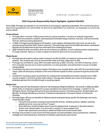 In addition to sharing key sustainability goals and metrics, the Promega Corporate Responsibility Report also details how the company strives to be responsible to customers, employees, and communities.