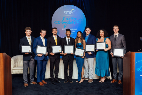 original Select winners of the 2023-24 E. Wayne Kay Endowed Scholarship, LaRoux K. Gillespie Directors Scholarship and Dr. Irving Pressley McPhail Endowed Scholarship were recognized at the SME International Awards Gala on June 5. From left to right: Justin S. Fouts, Welding Engineering/Technology major; Jake Mahoney, Mechanical Engineering/Technology major; Bennett L. Schirmer, Mechanical Engineering/Technology major; Shane Williams, Mechanical Design Engineering/Technology major; Aliza Khan, Mechanical Design Engineering/Technology major; Carter J. Drey, Machine Tool Technologist major; Isabella Weingatz, Mechanical Engineering/Technology major; Kyle Vonasek, Mechanical Engineering/Technology major. (Photo: Business Wire)