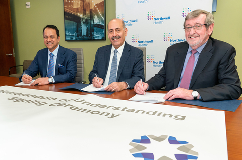 Northwell Health and Burjeel Holdings signed a Memorandum of Understanding to open the Dr. Najjar Neuroscience Institute in the UAE. From left are John Sunil, CEO of Burjeel Holdings; Souhel Najjar, MD, senior vice president and executive director of the neurology service line of Northwell Health; and Michael Dowling, president and CEO of Northwell Health. Photo credit: Northwell Health.