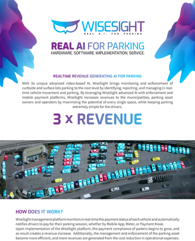 WiseSight Company Brochure. With its unique advanced video-based AI, WISESIGHT analyzes in Real-time vehicle movement and parking, starting from the detection of a vehicle driving or parking in a monitored area, capturing the parking duration and the vehicle departure from the curb or premises. The primary drivers of using the WiseSight AI Solution, are significant revenue increases and operating cost savings by enabling Ticket-by-Mail, Curb & Surface parking management, and Loading Zones, all while maximizing enforcement efficiency. (Graphic: Business Wire)