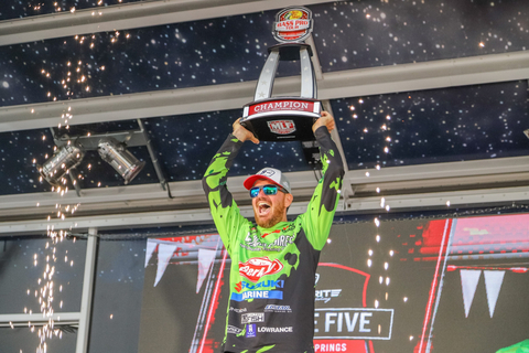 Pro Adrian Avena of Vineland, New Jersey, caught eight scorable smallmouth bass Sunday, with his best five weighing 28 pounds, 10 ounces to win the Major League Fishing (MLF) Bass Pro Tour Favorite Fishing Stage Five on Cayuga Lake Presented by ATG by Wrangler in Union Springs, New York, and earn the top payout of $100,000. (Photo: Business Wire)
