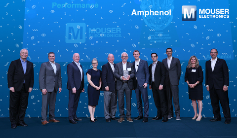 Representatives from Amphenol present the Mouser team with the 2022 High Service Digital Performance Award. (Photo: Business Wire)