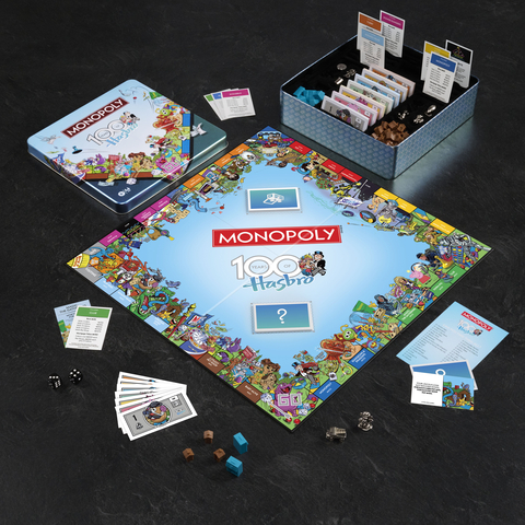 "MONOPOLY: Hasbro 100th Anniversary Edition fully custom game board showcasing 90 notable brands with embossed collectable tin with integrated storage, components and packaging. (Photo: Business Wire)