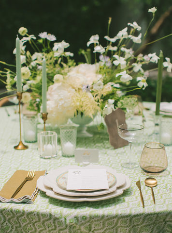 The Mindy Weiss Tastemaker Collection for Minted Weddings draws inspiration from five distinct celebratory styles which reflect the freshest wedding trends of the year. The Great Estate trend is a classic, but unfussy arcadian celebration where formal china is intentionally paired with artfully arranged florals picked straight from the kitchen garden. (Photo Credit: Dennis Kwan)