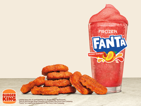 Available June 19-August 17, Burger King Guests can enjoy Fiery Nuggets, a spicy version of the brand's iconic chicken nuggets, and its latest take on frozen beverages with hint of sweet heat, the Frozen Fanta®️ Kickin’ Mango. For more information, visit BK.com (Graphic: Business Wire)