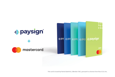 Paysign and Mastercard logos pictures with several prepaid cards in a row. (Graphic: Business Wire)