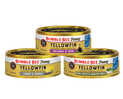 Bumble Bee Prime® Yellowfin in Extra Virgin Olive Oil in three flavors: Lemon & Pepper, Balsamic & Herb and Basil Pesto & Roasted Garlic (5 oz. cans). (Photo: Business Wire)