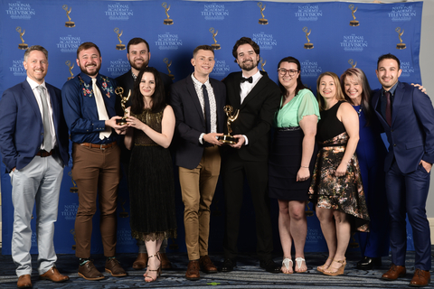Matter's Gusto team proudly poses with their two Regional Emmy Awards for Graphic Arts on behalf of their work for the New England Venture Capital Association's 2022 NEVY Awards. (Photo: Business Wire)