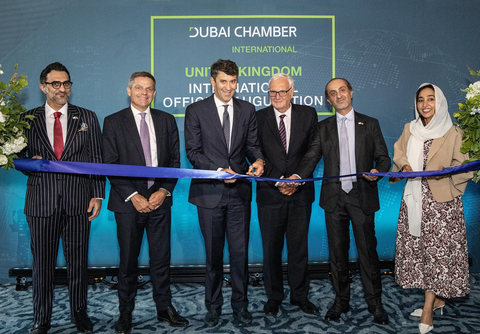 Dubai International Chamber's new international representative office in the United Kingdom was inaugurated during a special ribbon-cutting ceremony held yesterday in London. From L R: Hussein Al Ansari, Senior Manager International Operations, Dubai Chambers; H.E. Simon Penney, His Majesty's Trade Commissioner for the Middle East Pakistan and His Majesty's Consul General for Dubai and the Northern Emirates; H.E. Mansoor Abulhoul, Ambassador of the United Arab Emirates to the United Kingdom; Edward Lister, Baron Udny-Lister; Khalid Al Shamsi, Vice President Operations, Dubai Chambers; and Noora Al Suwaidi, Regional Director Europe and Americas, Dubai Chambers. (Photo: AETOSWire).