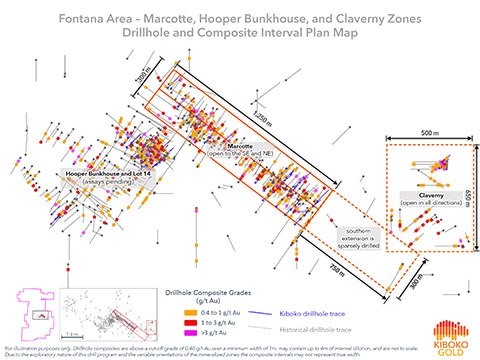 Figure 4: Harricana Gold Project: Fontana area drillhole and composite interval plan map