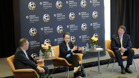 From left, Dr. Chi-Hung Lin, President of Taiwan’s National Yang Ming Chiao Tung University (NYCU); Ambassador Bi-khim Hsiao, Taiwan's Representative to the U.S.; and the Honorable Keith Krach, Co-founder of the Krach Institute and former Under Secretary of State, at a discussion hosted by the Krach Institute. (Photo: Business Wire)