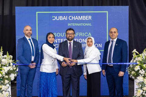 Dubai International Chamber’s new international representative office in South Africa was inaugurated during a special ribbon-cutting ceremony in Johannesburg. From L – R: David Els, Chief Representative - South Africa, Dubai International Chamber; Fatima Yousef Al Suwaidi, Counsellor, Embassy of the United Arab Emirates in South Africa; Khalid Al Ali, Regional Manager – Middle East & Africa; Sumaya Al Shamsi, Director - Strategic Partnerships and Protocol, Dubai Chambers; and Abdulla Momade, Chief Representative - Southern Africa, Dubai International Chamber (Photo: AETOSWire)