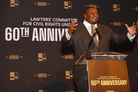 thumbnail Damon T. Hewitt, president and executive director of Lawyers’ Committee for Civil Rights Under Law, addresses more than 600 attendees during a reception to celebrate the 60th Anniversary of its founding at the John F. Kennedy Center for the Performing Arts on Tuesday, June 20, 2023, in Washington. The Lawyers’ Committee, which was formed at the direction of President John F. Kennedy in 1963, mobilizes the private bar’s leadership and resources in combating racial discrimination and the resulting inequality of opportunity. (Eric Kayne/AP Images)