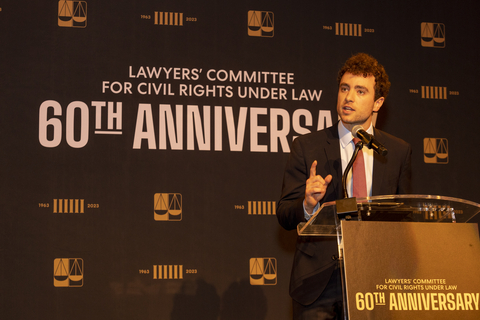 thumbnail Max Kennedy, grandson of Robert F. Kennedy and a legal intern at the Lawyers’ Committee for Civil Rights Under Law, addresses more than 600 attendees during a reception to celebrate the 60th Anniversary of its founding at the John F. Kennedy Center for the Performing Arts on Tuesday, June 20, 2023, in Washington. The Lawyers’ Committee was formed at the direction of President John F. Kennedy in the summer of 1963 following a meeting of 244 lawyers in the East Room of the White House. President Kennedy urged the lawyers to use their training and influence to move the struggle for the protection of civil rights from the streets to the courts. (Eric Kayne/AP Images)