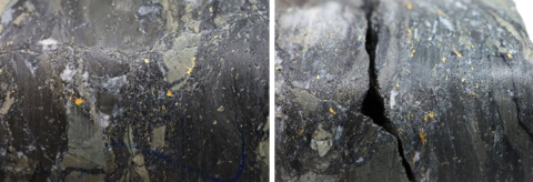 Figure 1: Photos of mineralization from NFGC-23-1292: Left: ~28m, Right: at ~28m. ^Note that these photos are not intended to be representative of gold mineralization in NFGC-23-1292. (Photo: Business Wire)