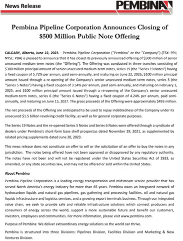 Pembina Pipeline Corporation Announces Closing of $500 Million Public Note Offering