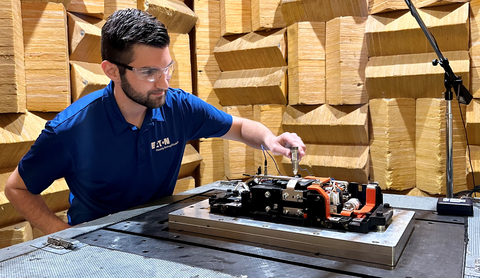 Matt Pieczko, engineering manager, Noise, Vibration and Harshness, Eaton’s eMobility, conducts testing on a battery disconnect unit. (Photo: Business Wire)