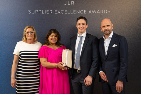 Analog Devices recognized by JLR as winner of Supplier Excellence Awards, demonstrating strength of companies’ ongoing partnership. Featured in the photo, from left to right: Barbara Bergmeier (Executive Director, Industrial Operations, JLR Board Member), Shalini Palmer (Corporate Vice President, EMEA, ADI), Andy Wells (Principal Account Manager, ADI), Tobias Moch (Chief Procurement Officer, JLR) (Photo: Business Wire)