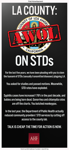 original A full-page advertisement by AHF "LA County: AWOL on STDs" in the Los Angeles Times will run on Sunday, June 25th, showing LA County has been lax on STD prevention and treatment and must act now. (Graphic: Business Wire)
