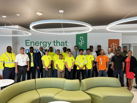 The Union Scholars (middle in yellow shirts) joined Avangrid CEO Pedro Azagra, UI President & CEO Frank Reynolds, UWUA Local 470-1 President Moses Rams, Avangrid SVP/CHRO Kyra Patterson, Senior Manager of Regional Operations Christine Pariseau, and members of the UI team at the Union Scholars Program launch.