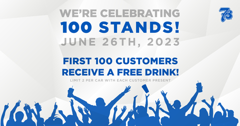 In celebration of the milestone, 7 Brew stands are treating their first 100 lucky guests on June 26 with a free drink. (Graphic: Business Wire)