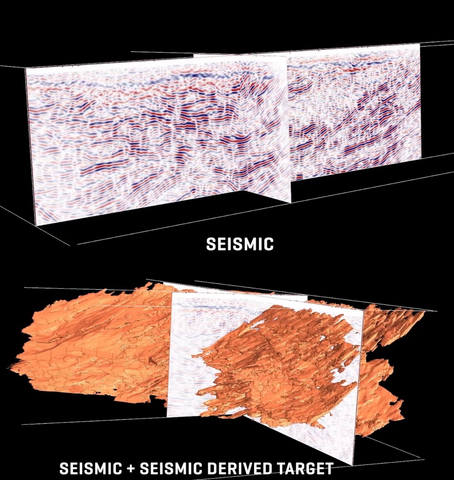 Figure 2. Example images of 3-D Seismic Data: Above: Raw seismic reflection data, Below: Modelled and interpreted seismic reflection data ^Note that these images are not data collected at the Queensway Project and are for representation purposes (Graphic: Business Wire)