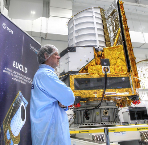 Giuseppe Racca, Euclid Project Manager at the European Space Agency, with the Euclid spacecraft after final assembly at Thales Alenia Space in Cannes, France. Photo credit: J.-C. Cuillandre / CEA