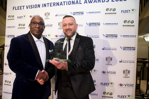 Nathan Wilson, Account & Area Sales Manager, United Kingdom & Republic of Ireland at Allison, and Steve Lea, Fleet Category Manager, Biffa, accept the Best Fleet Management, Private Sector Award at the 2023 Fleet Vision International Awards in London. (Photo: Business Wire)