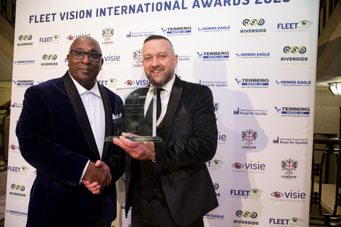 Nathan Wilson, Account Area Sales Manager, United Kingdom Republic of Ireland at Allison, and Steve Lea, Fleet Category Manager, Biffa, accept the Best Fleet Management, Private Sector Award at the 2023 Fleet Vision International Awards in London. (Photo: Business Wire)