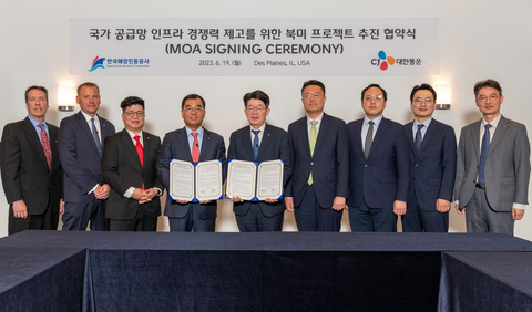 In a ceremony held on June 19, Sin-ho Kang, CEO of CJ Logistics, and Yang-soo Kim, CEO of KOBC, signed an agreement to implement this project at CJ Logistics America's office in Des Plaines, Illinois. (Photo: Business Wire)